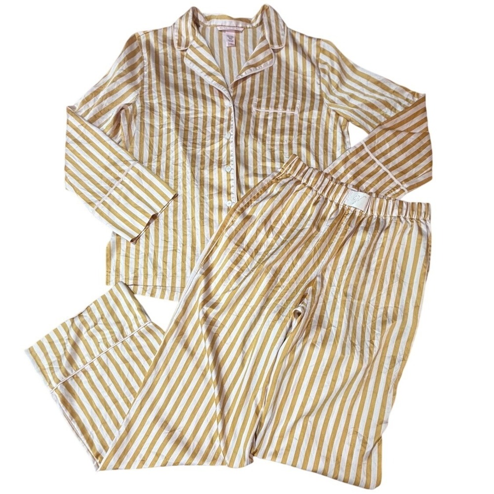 Victorias Secret Gold White Striped Satin Pajama Set XS Long Sleeve Button Down